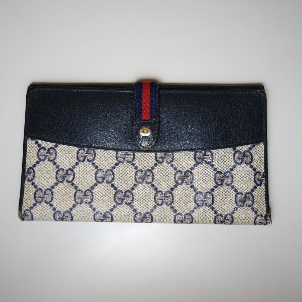 Vintage Gucci GG Blue Monogram Sherry Bi-Fold Long Wallet, Size 4.25 in x 7.5 in